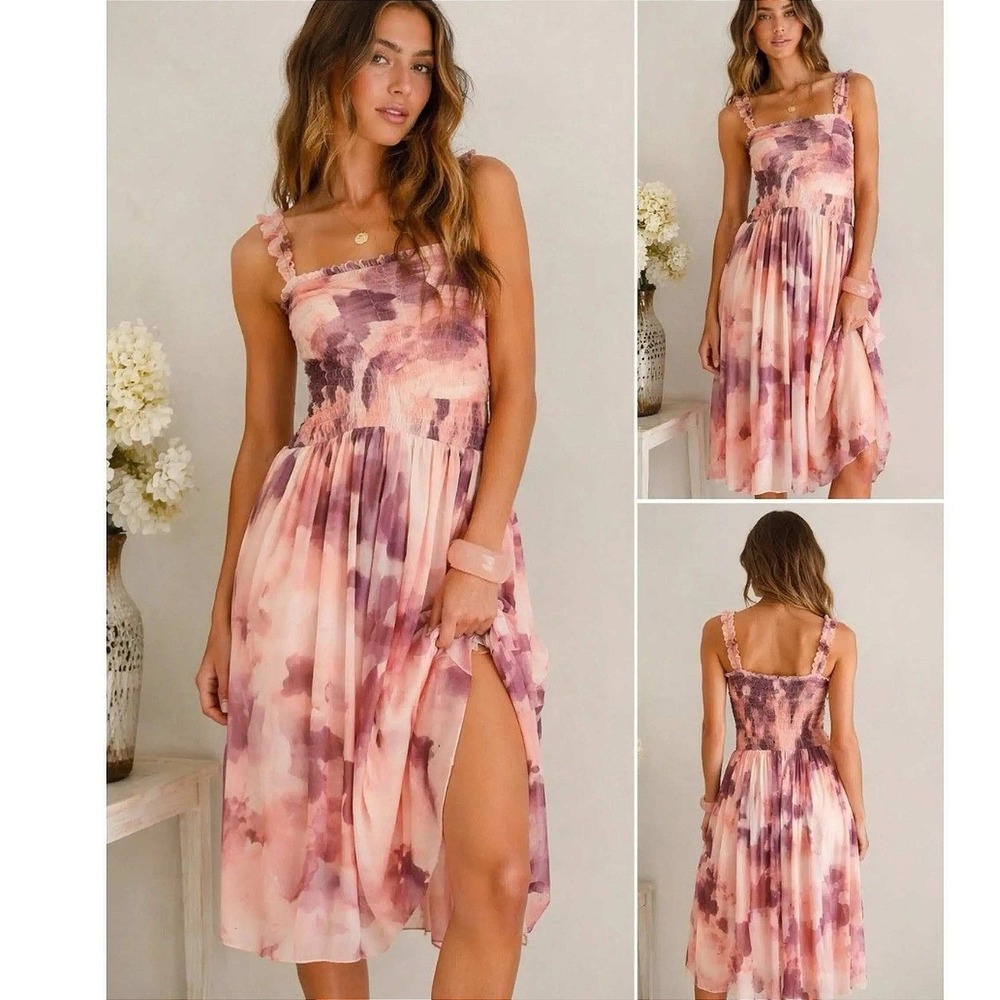 Free People Tessa Smocked Midi Dress Purple Pink Watercolor REVOLVE Medium